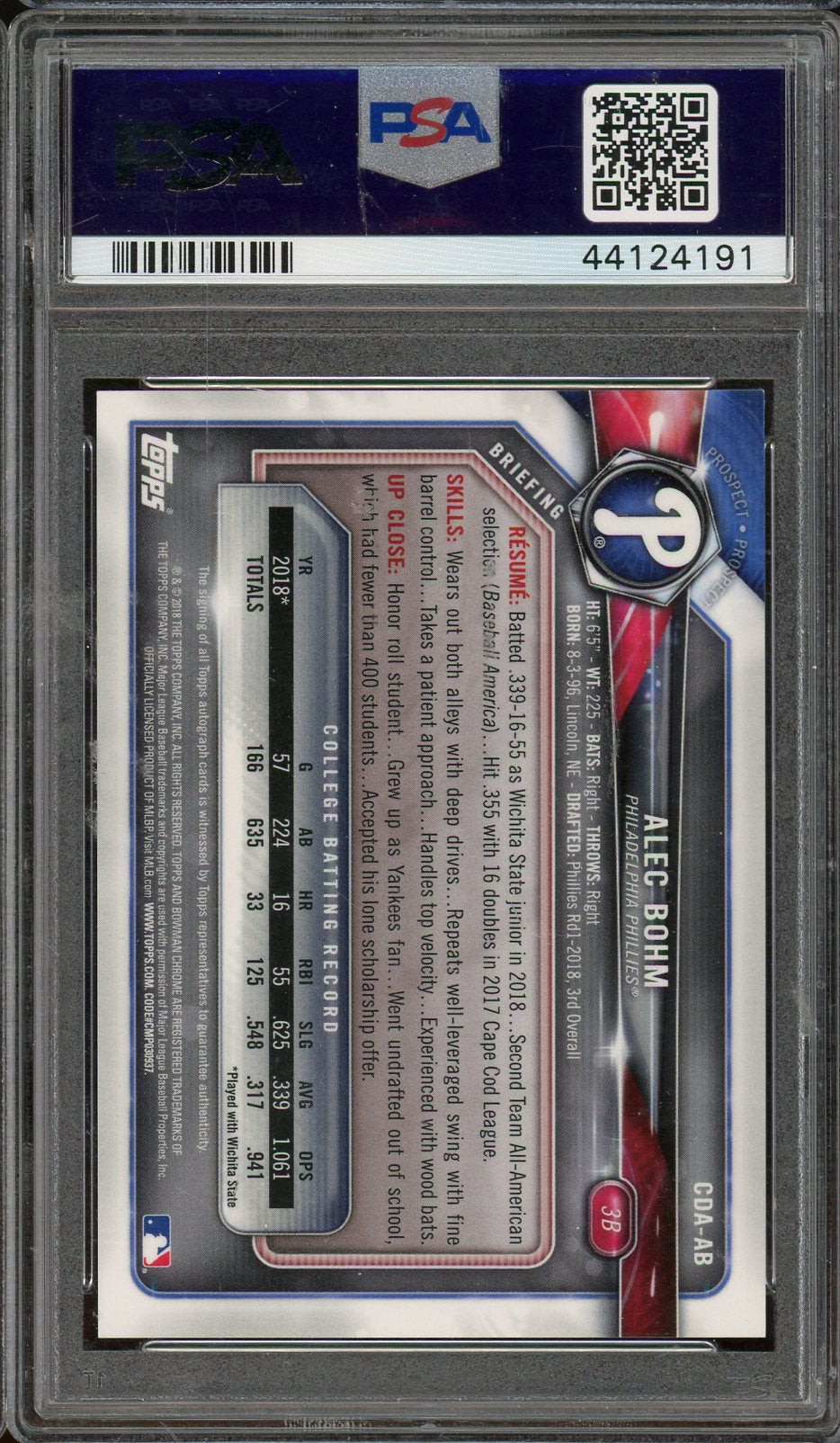 2018 Bowman Chrome Alec Bohm Auto #CDA-AB PSA 9 Bowman 1st