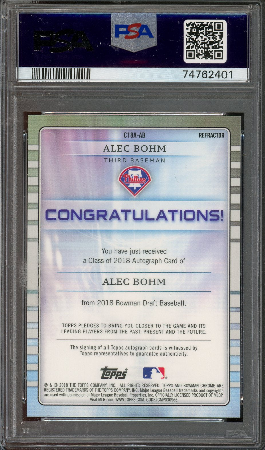 2018 Bowman Chrome Alec Bohm Class of 2018 Auto #AB /250 PSA 9