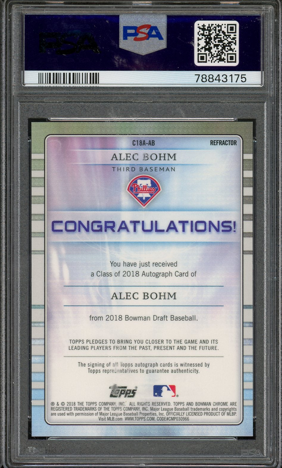 2018 Bowman Draft Chrome Alec Bohm Class of 2018 Auto #AB /250 PSA 9