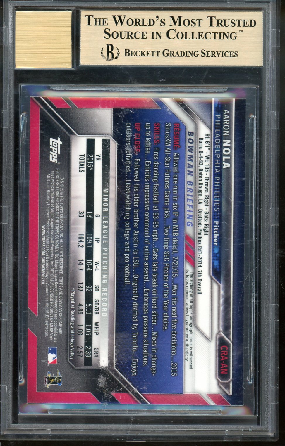 2016 Bowman Chrome Aaron Nola Auto #CRA-AN BGS 9.5 RC