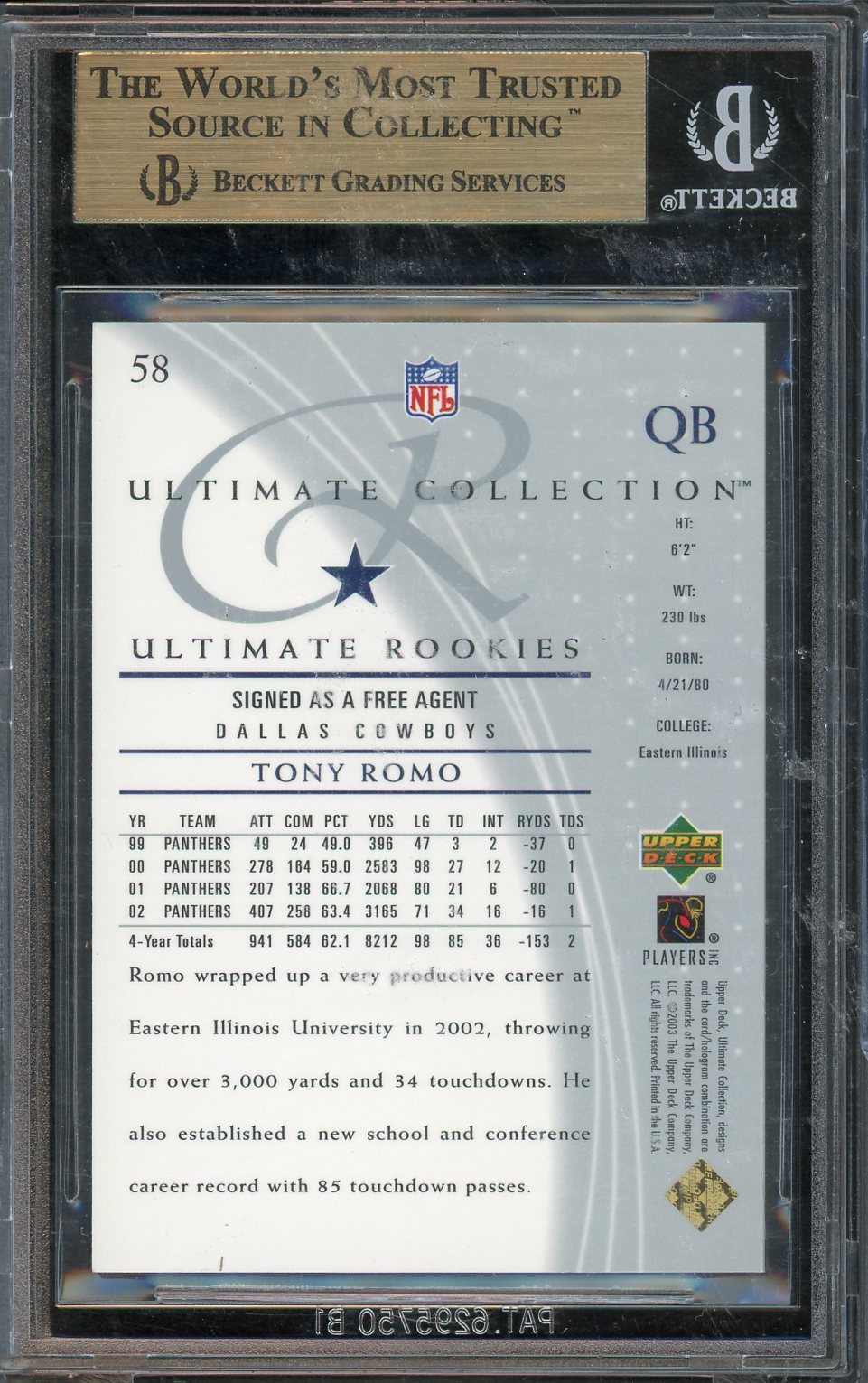 2003 Ultimate Tony Romo #58 /750 BGS 9.5 RC