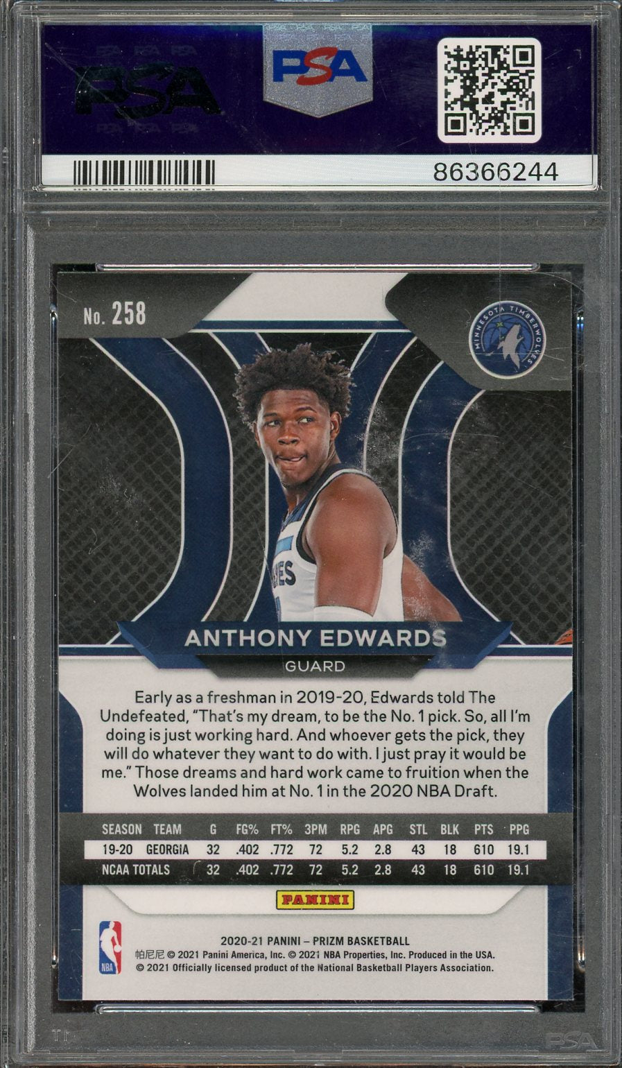 2020 Prizm Anthony Edwards #258 PSA 10 RC Wolves