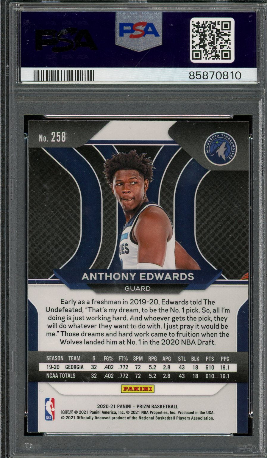 2020 Prizm Anthony Edwards #258 PSA 10 RC Rookie