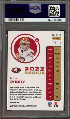 2022 Chronicles Brock Purdy Dynagon Gold #D2 /10 PSA 10 RC