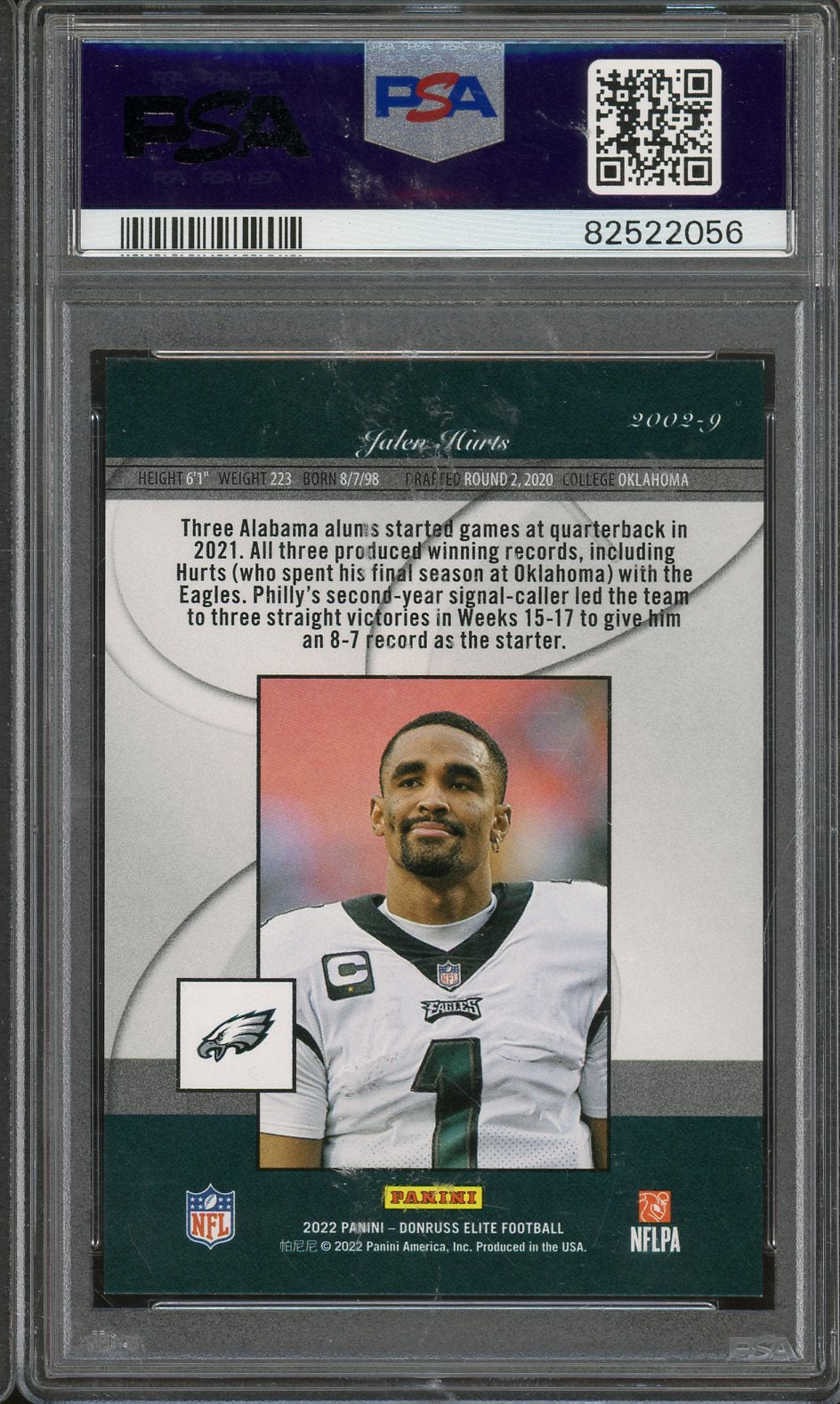 2022 Donruss Elite Jalen Hurts 2002 Elite Gold #2002-9 /10 PSA 9