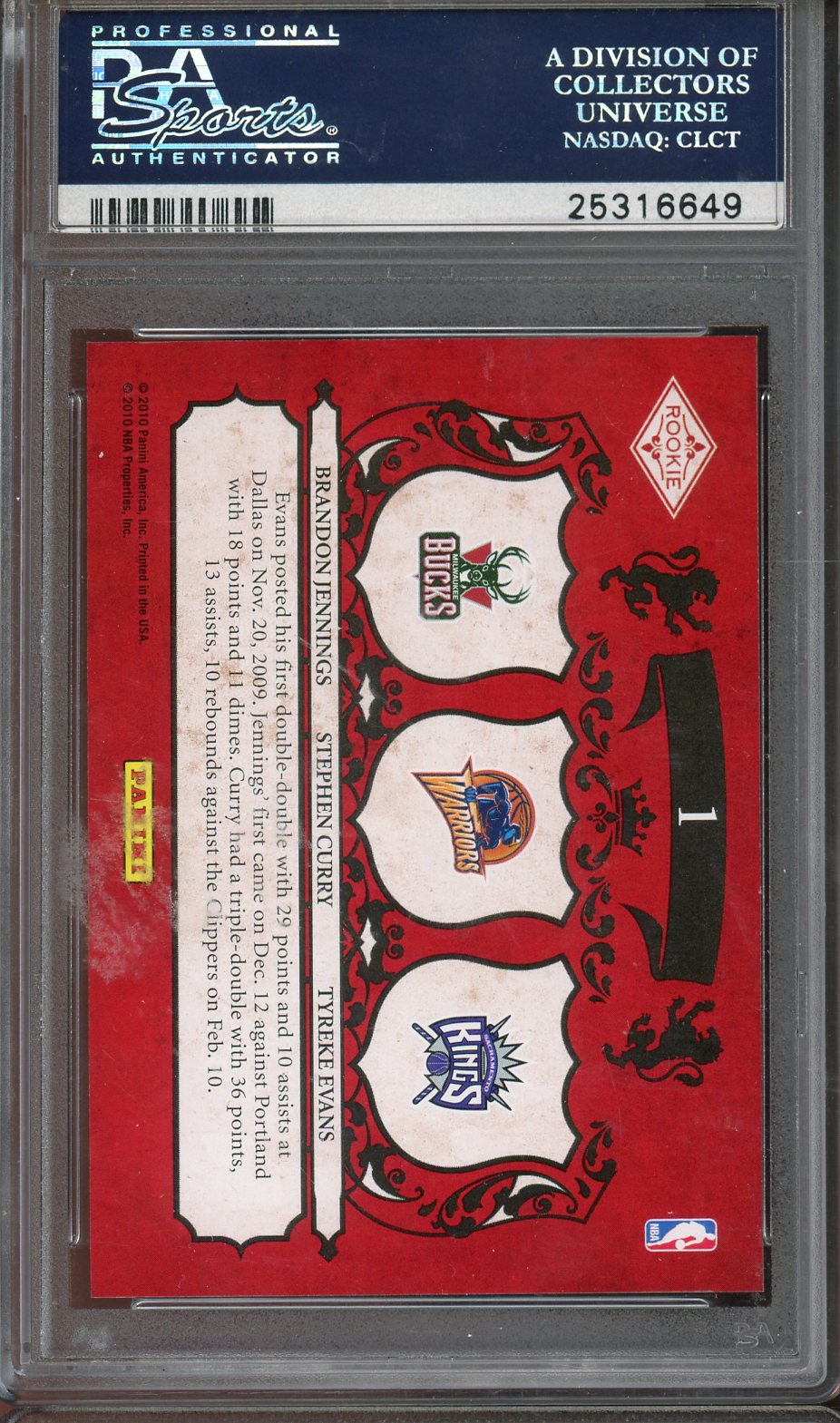 2009 Crown Royale Brandon Jennings Stephen Curry Tyreke Evans Rookie Royalty #1 PSA 10 RC