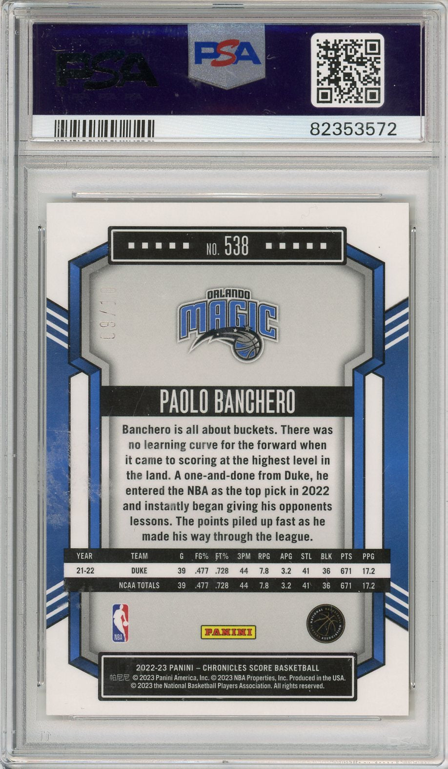 2022 Chronicles Paolo Banchero Score Gold #538 /10 PSA 10 RC