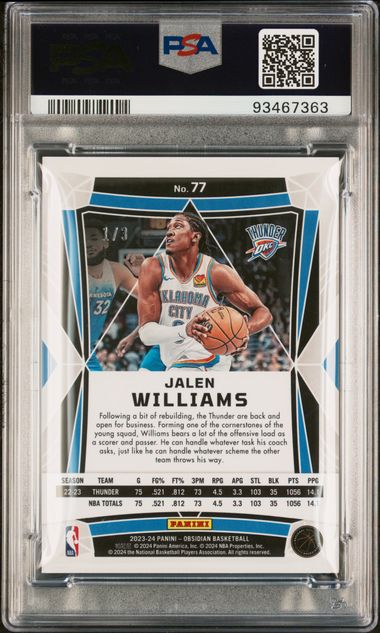 2023 Obsidian Jalen Williams Electris Etch Contra #77 /3 PSA 9 FOTL