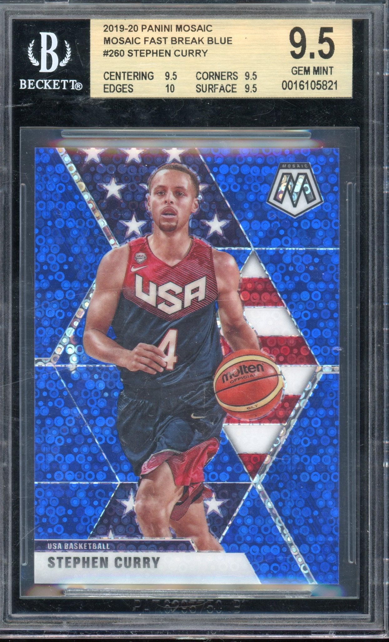 2019-20 Mosaic Stephen Curry Blue Fast Break /85 BGS 9.5