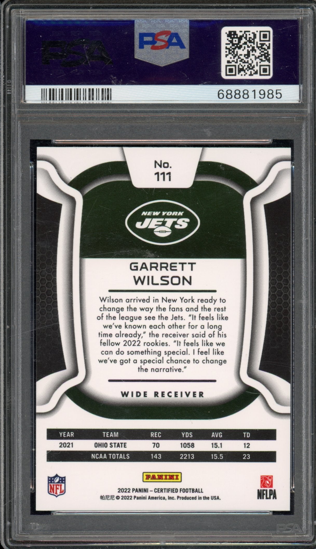 2022 Certified Garrett Wilson Mirror Gold 13/25 PSA 10 RC