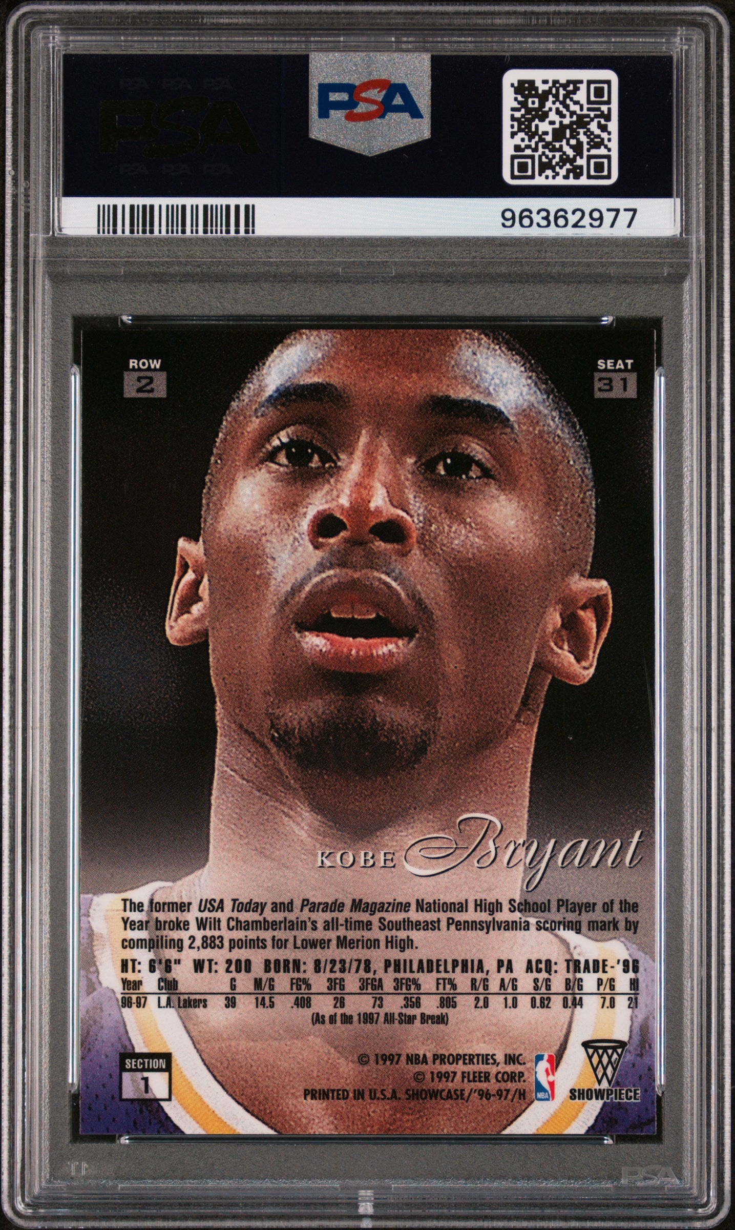 1996 Flair Showcase Kobe Bryant Row 2 Rookie PSA 8