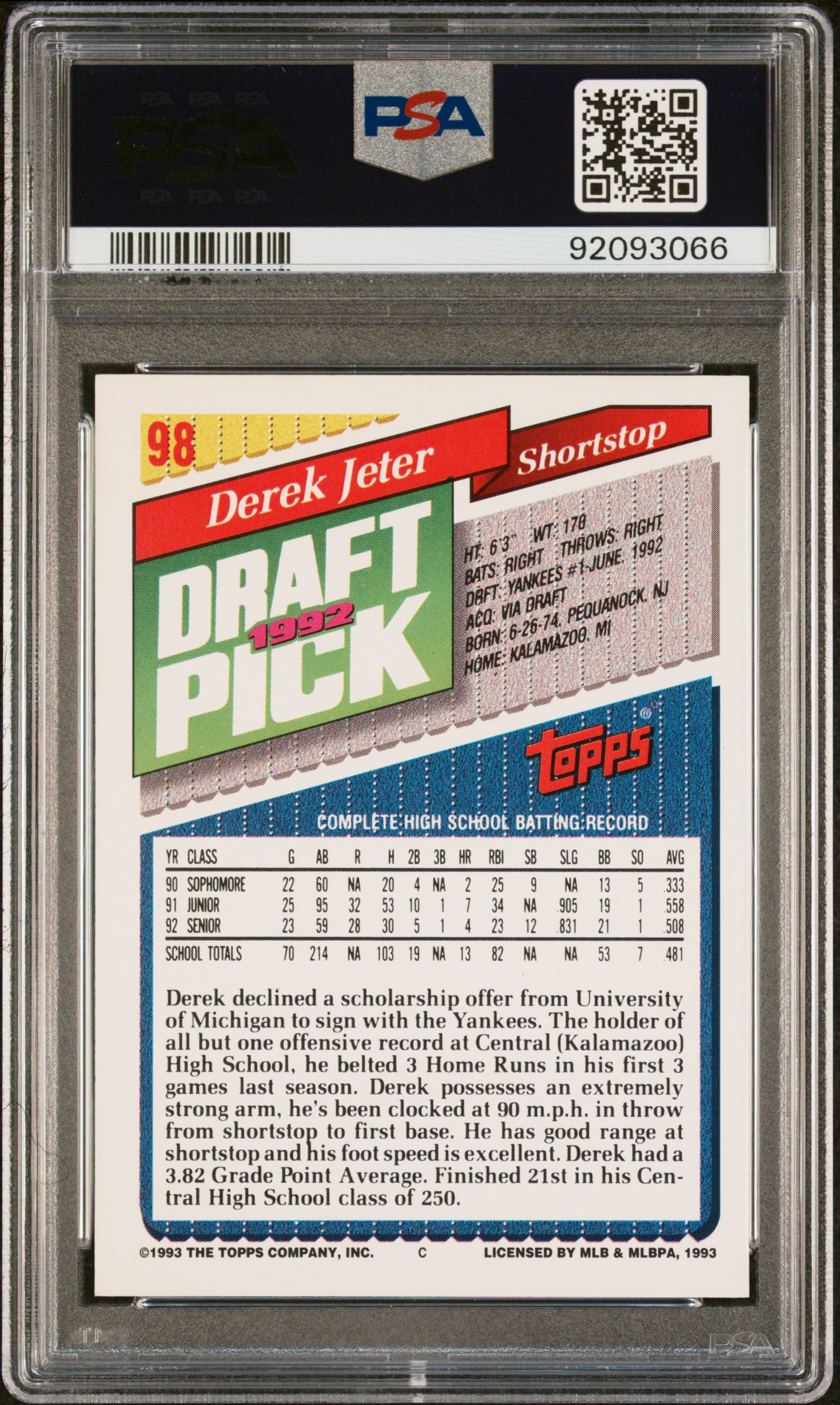 1993 Topps Gold Derek Jeter #98 PSA 8 RC