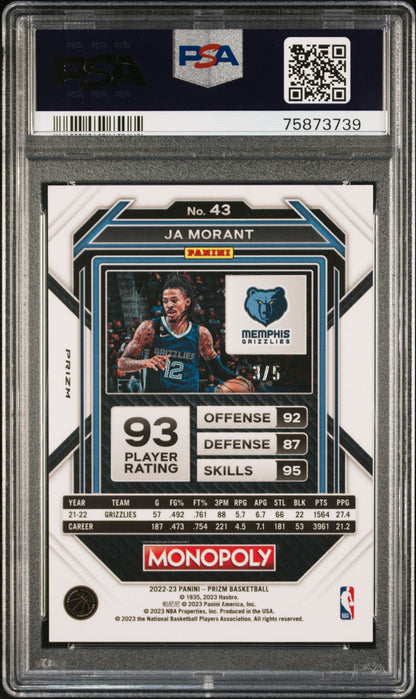 2022 Prizm Monopoly Ja Morant Black Gold Prizm 3/5 PSA 10