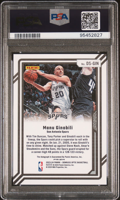 2023 Panini Donruss Optic Dominators Signatures Manu Ginobili #DSGIN /49 PSA 10