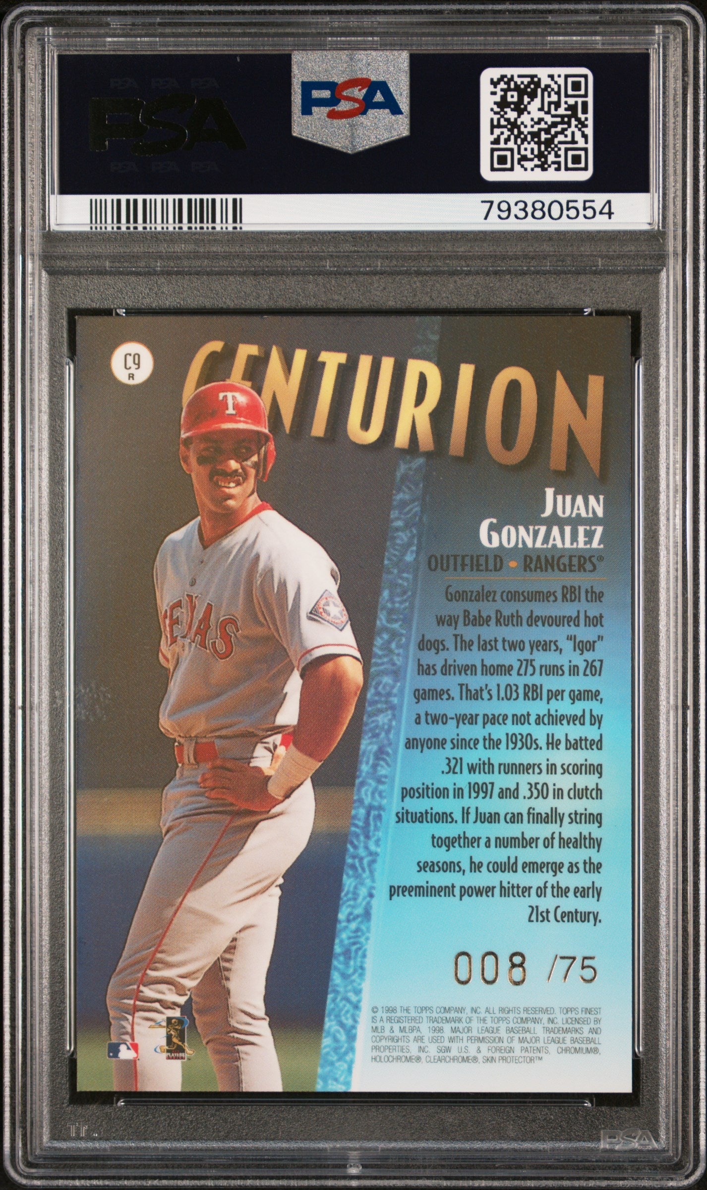 1998 Finest Juan Gonzalez Centurion 008/75 PSA 9 REAL COPY POP 1