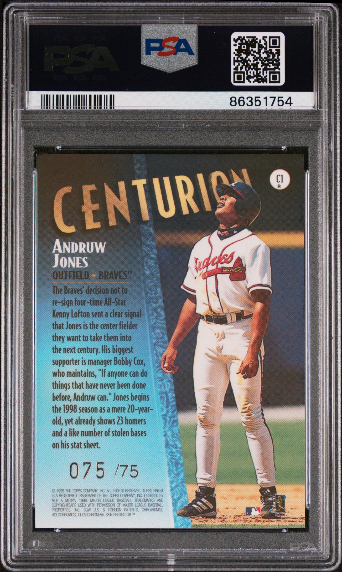 1998 Finest Andruw Jones Centurion 075/75 PSA 9 REAL COPY POP 3 NONE HIGHER