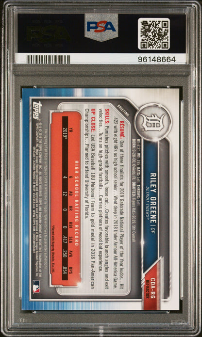 2019 Bowman Draft Riley Greene Chrome Draft Refractor Auto 099/499 PSA 9