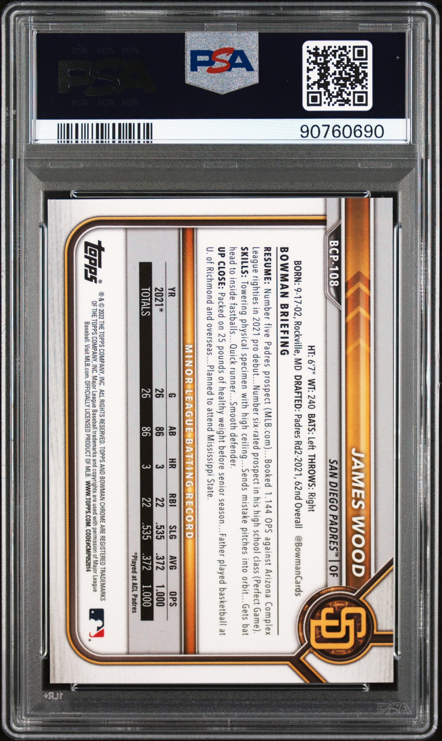 2022 Bowman Chrome Mega Box James Wood /250 PSA 10