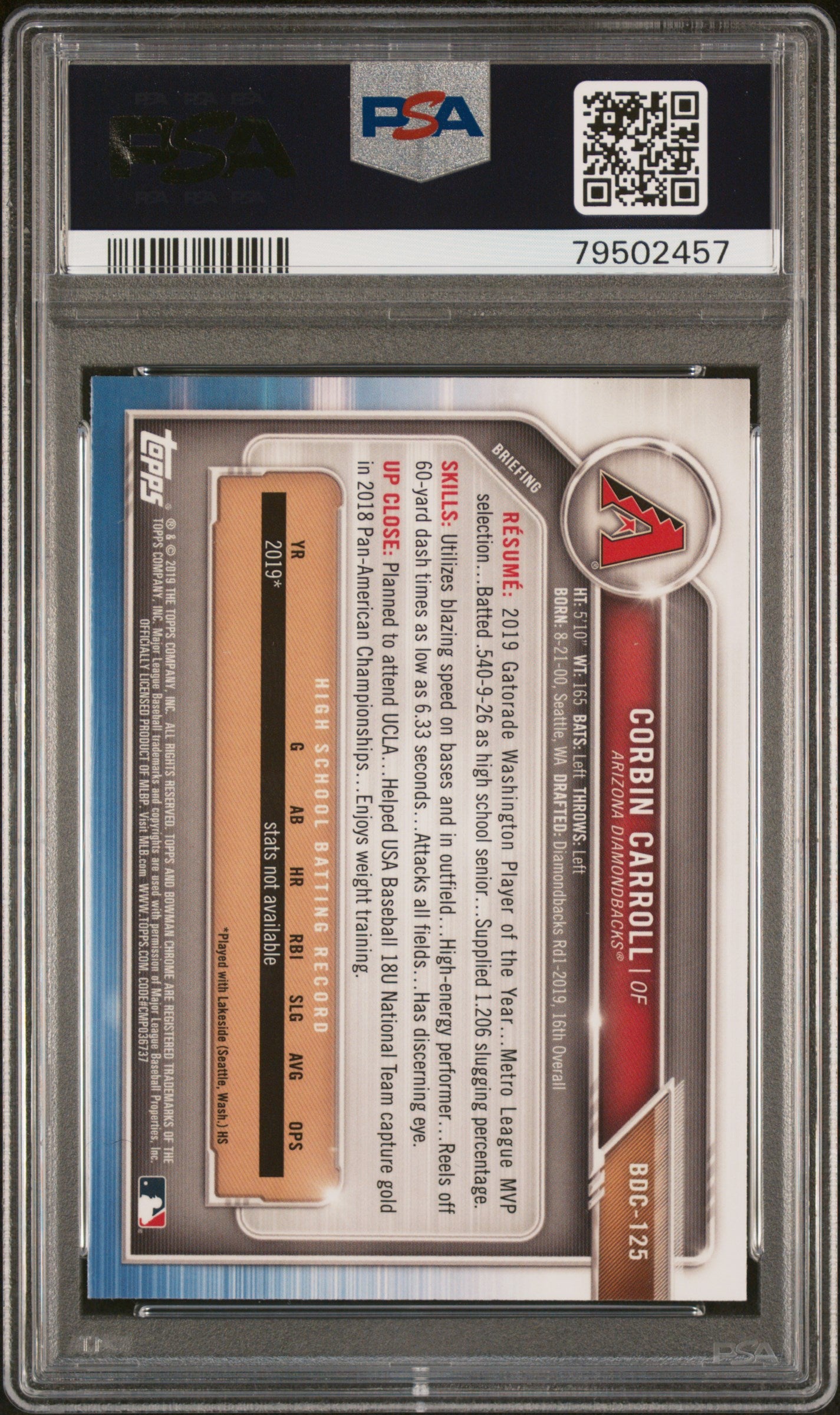 2019 Bowman Draft Corbin Carroll Sapphire 1st PSA 10