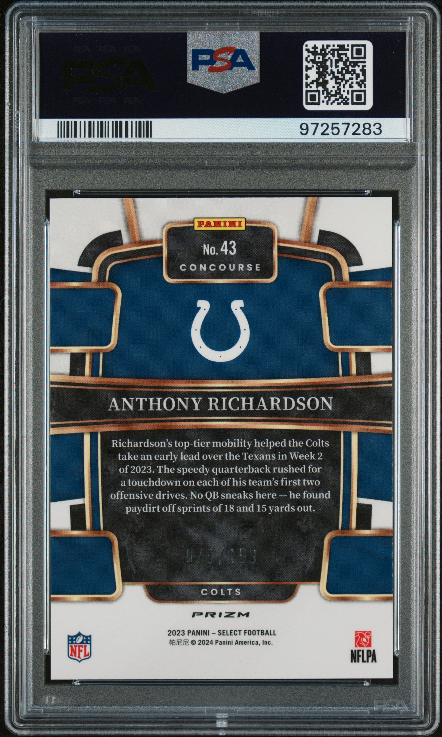 2023 Select Anthony Richardson Blue Prizm Concourse 76/199 PSA 10 RC