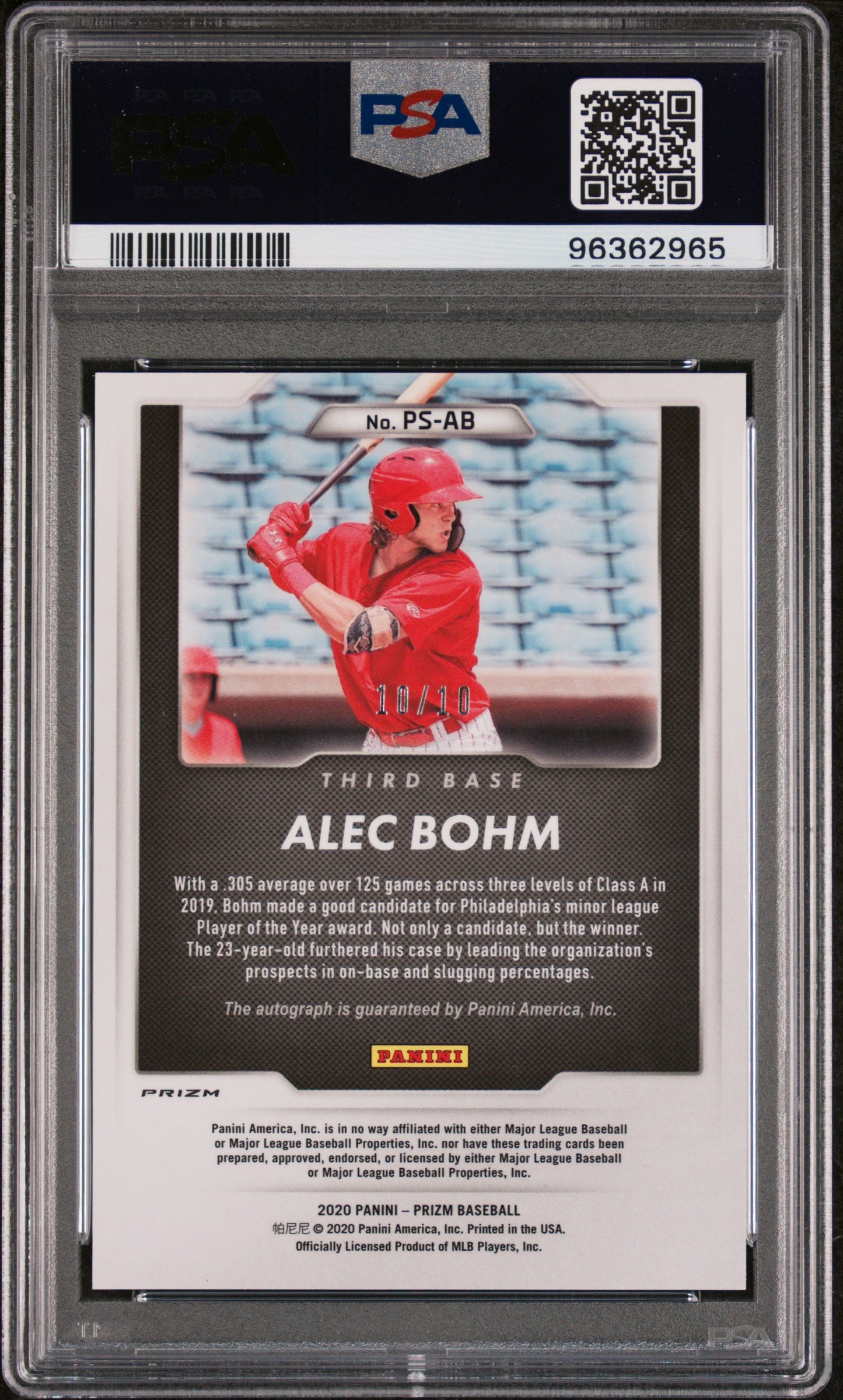 2020 Prizm Alec Bohm Gold Prospects /10 Rookie Auto PSA 9