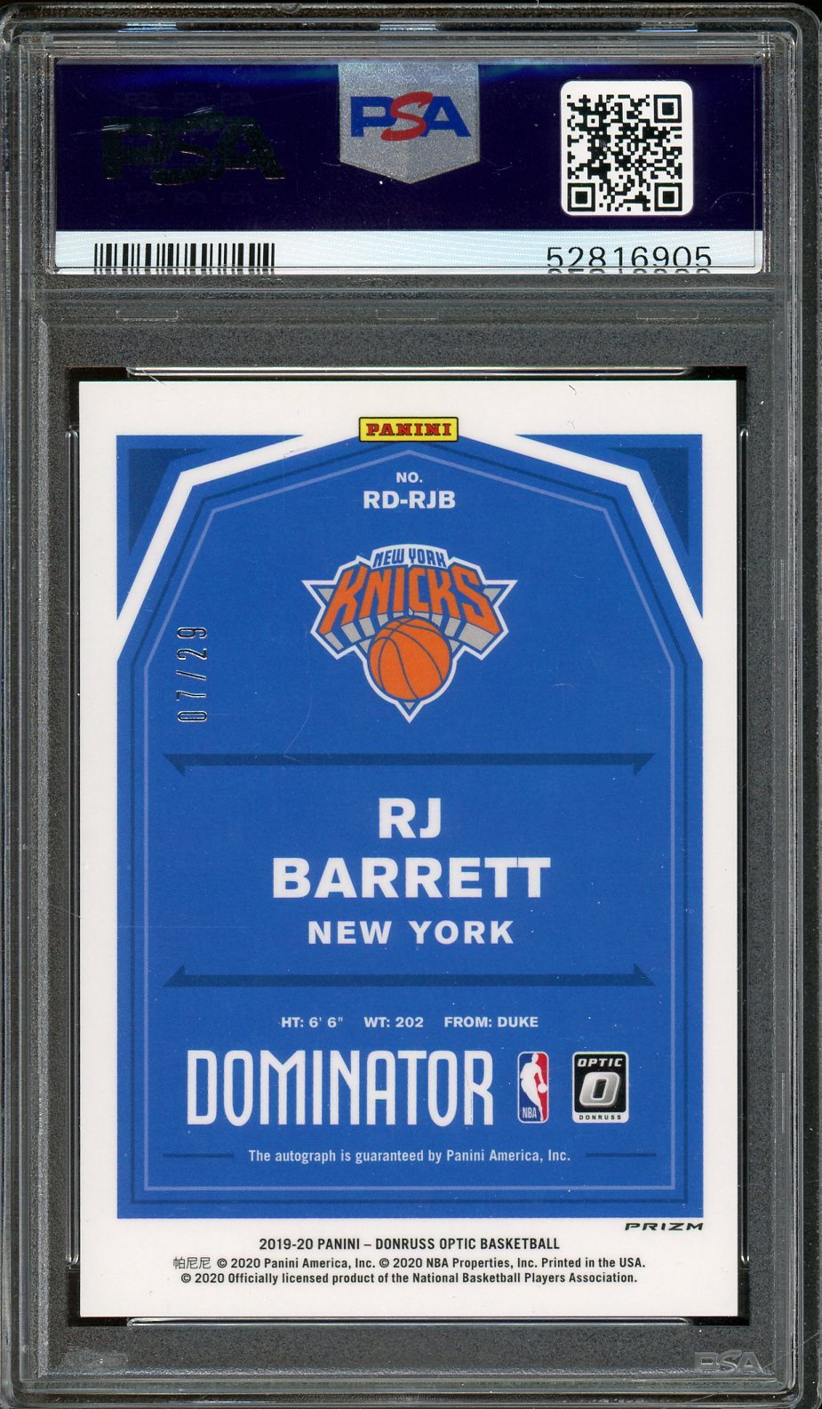 2019 Optic RJ Barrett Purple Stars Dominator Auto #RJB /29 PSA 10 RC