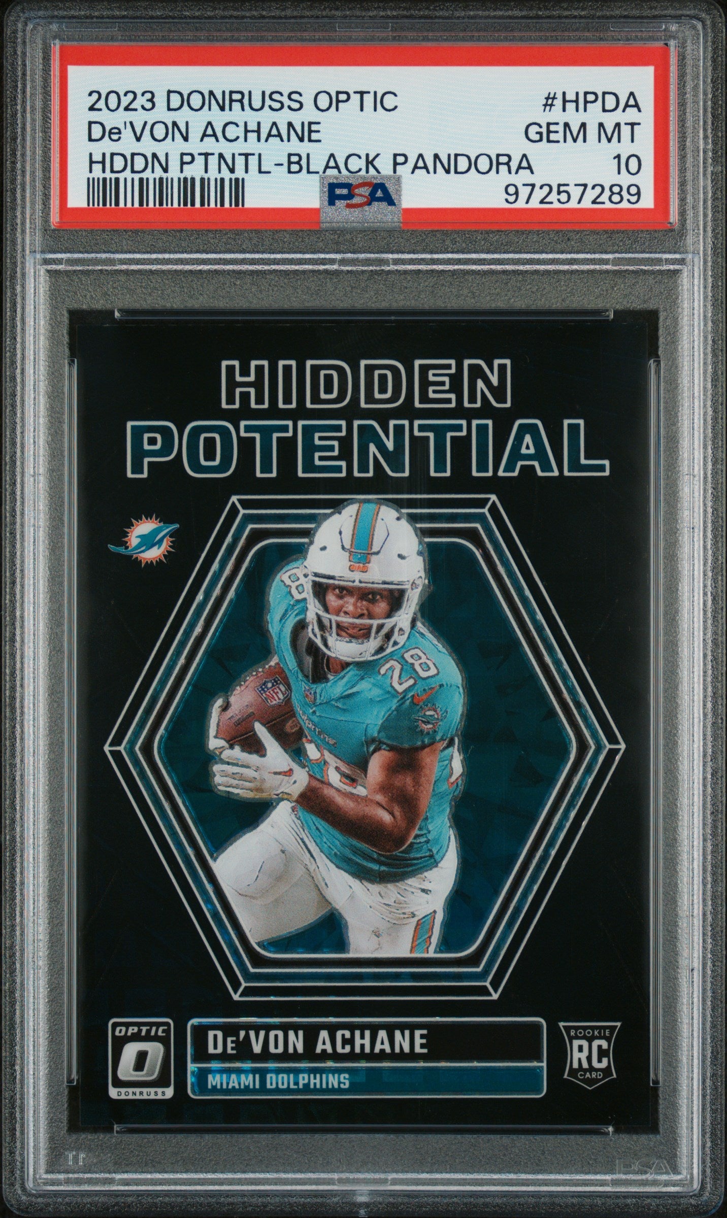 2023 Donruss Optic De'Von Achane Hidden Potential Black Pandora 16/25 PSA 10 RC