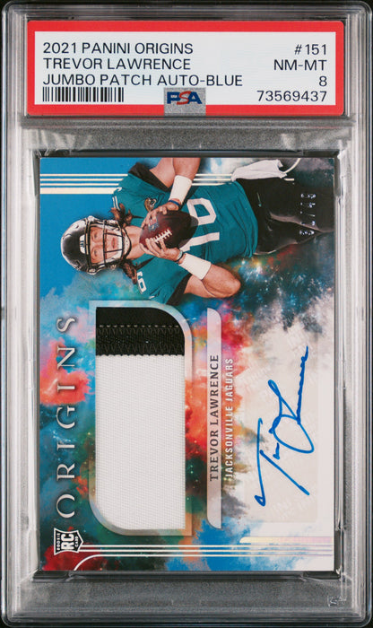 2021 Origins Trevor Lawrence Jumbo Patch Auto Blue 31/49 PSA 8 RC