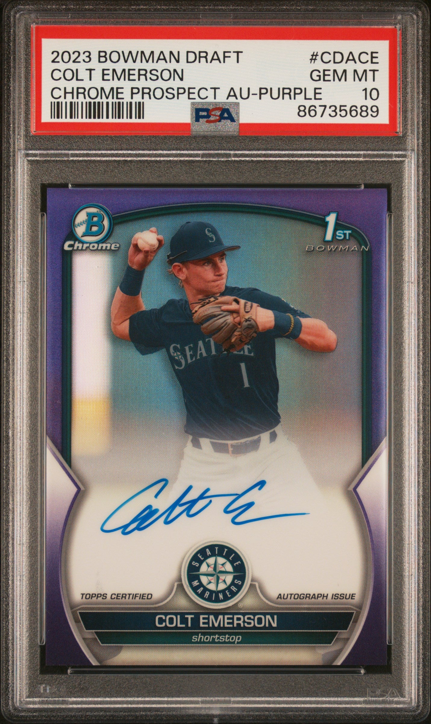 2023 Bowman Draft Colt Emerson Purple Refractor Auto 114/250 PSA 10