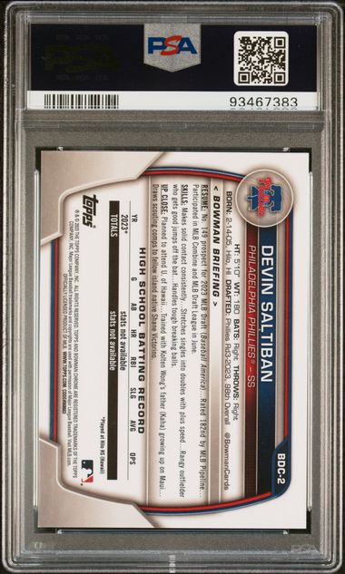 2023 Bowman Draft Chrome Devin Saltiban Rose Gold #BDC-2 /10 PSA 8 Bowman 1st